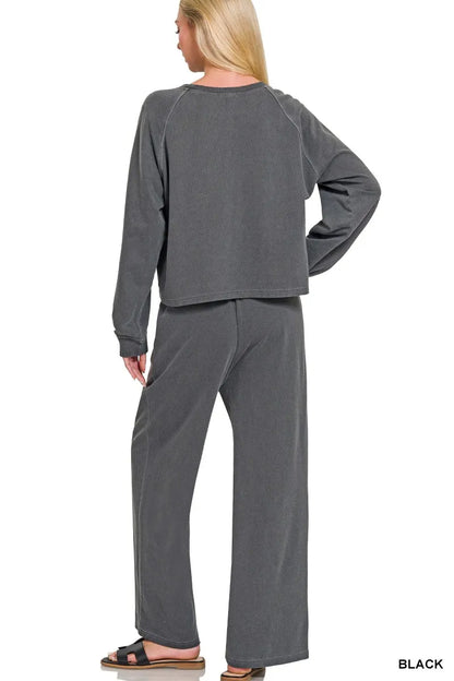 Zenana black washed French terry lounge set featuring a relaxed round neck pullover, wide leg pants, drawstring waist, and side pockets for comfortable everyday style. Back View