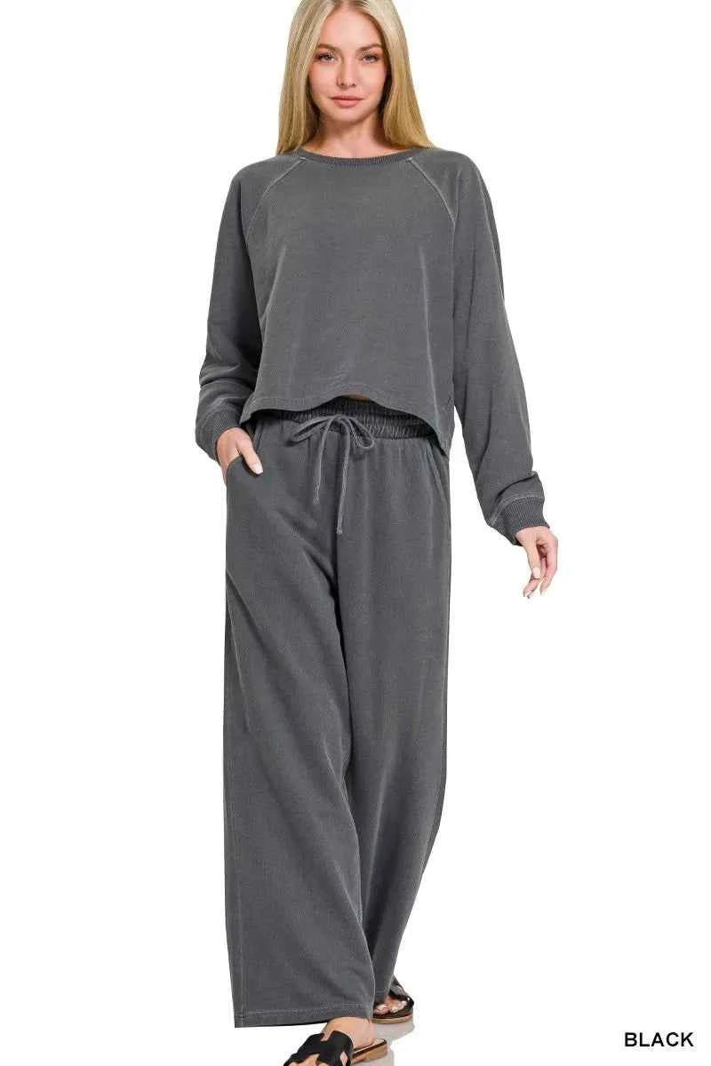 Black Washed French Terry Pullover & Pants Set with Pockets by Zenana
