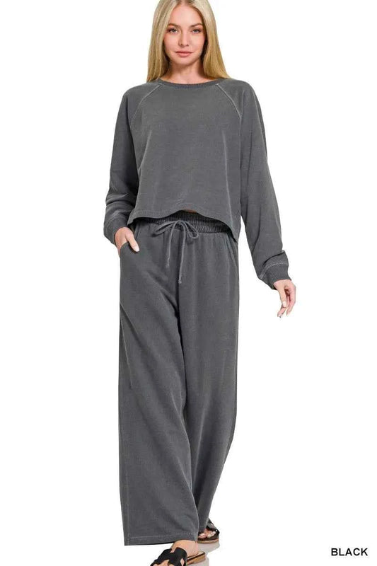 Black Washed French Terry Pullover & Pants Set with Pockets by Zenana