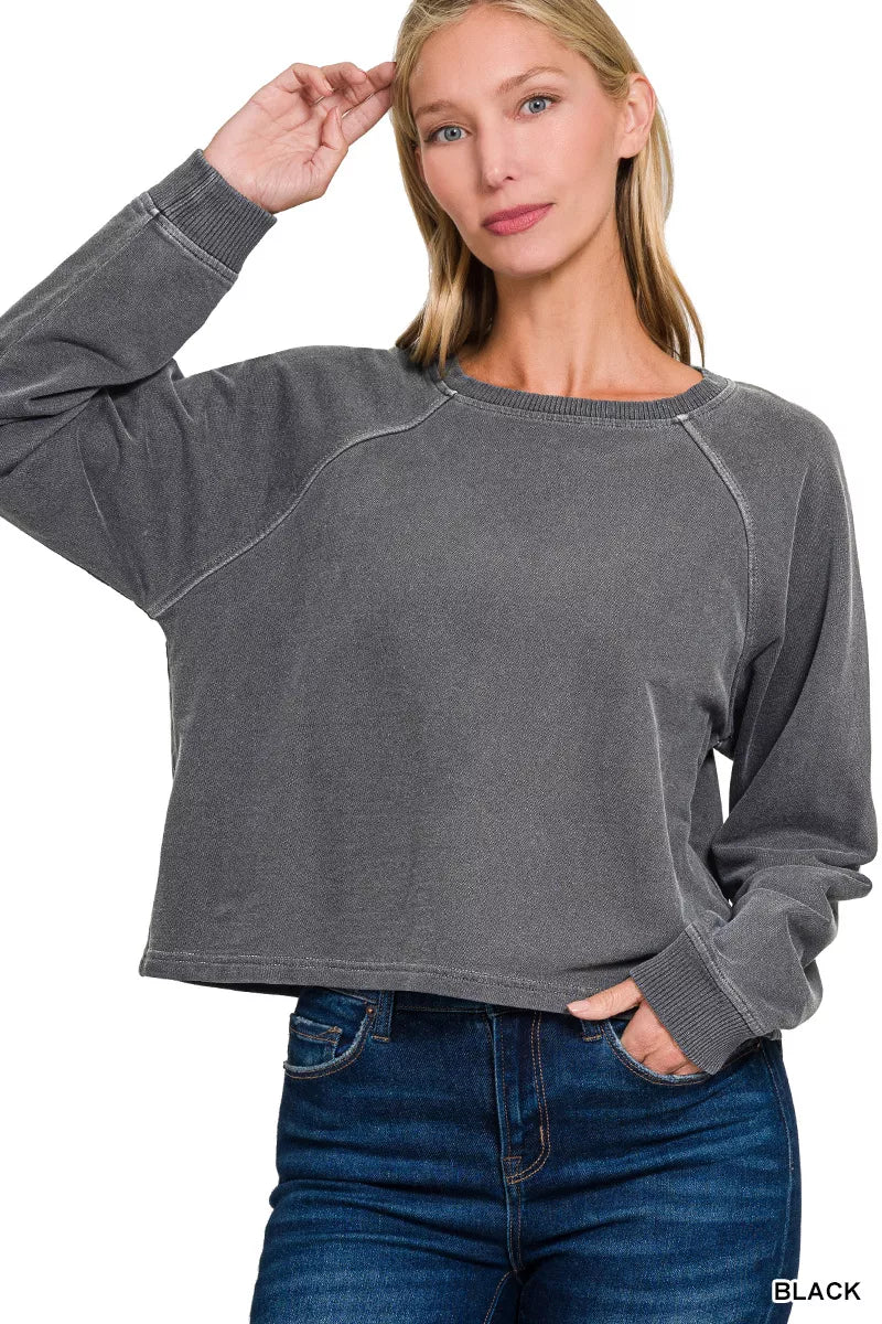 Zenana black washed French terry lounge set featuring a relaxed round neck pullover, wide leg pants, drawstring waist, and side pockets for comfortable everyday style. top View