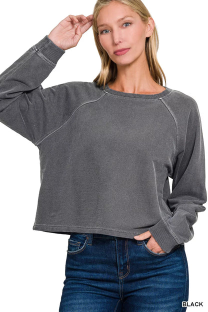 Zenana black washed French terry lounge set featuring a relaxed round neck pullover, wide leg pants, drawstring waist, and side pockets for comfortable everyday style. top View