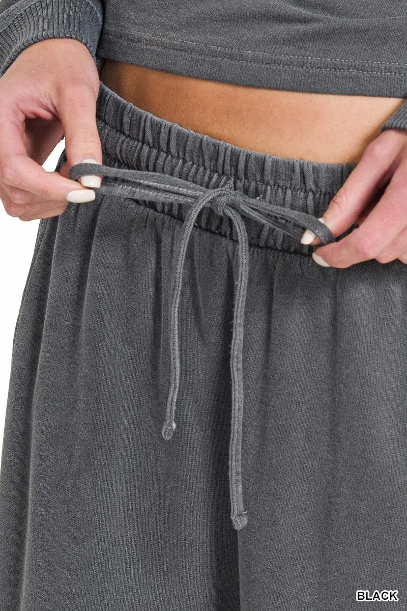 Zenana black washed French terry lounge set featuring a relaxed round neck pullover, wide leg pants, drawstring waist, and side pockets for comfortable everyday style. drawstring view