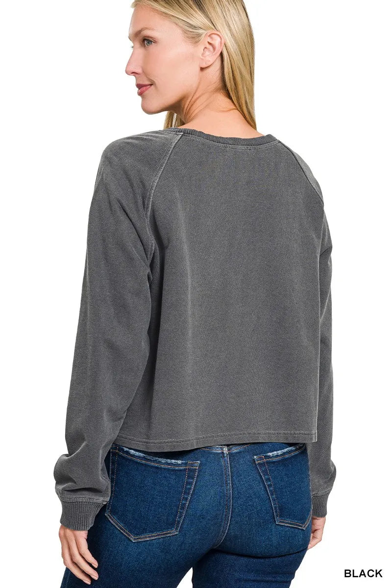 Zenana black washed French terry lounge set featuring a relaxed round neck pullover, wide leg pants, drawstring waist, and side pockets for comfortable everyday style. top back view
