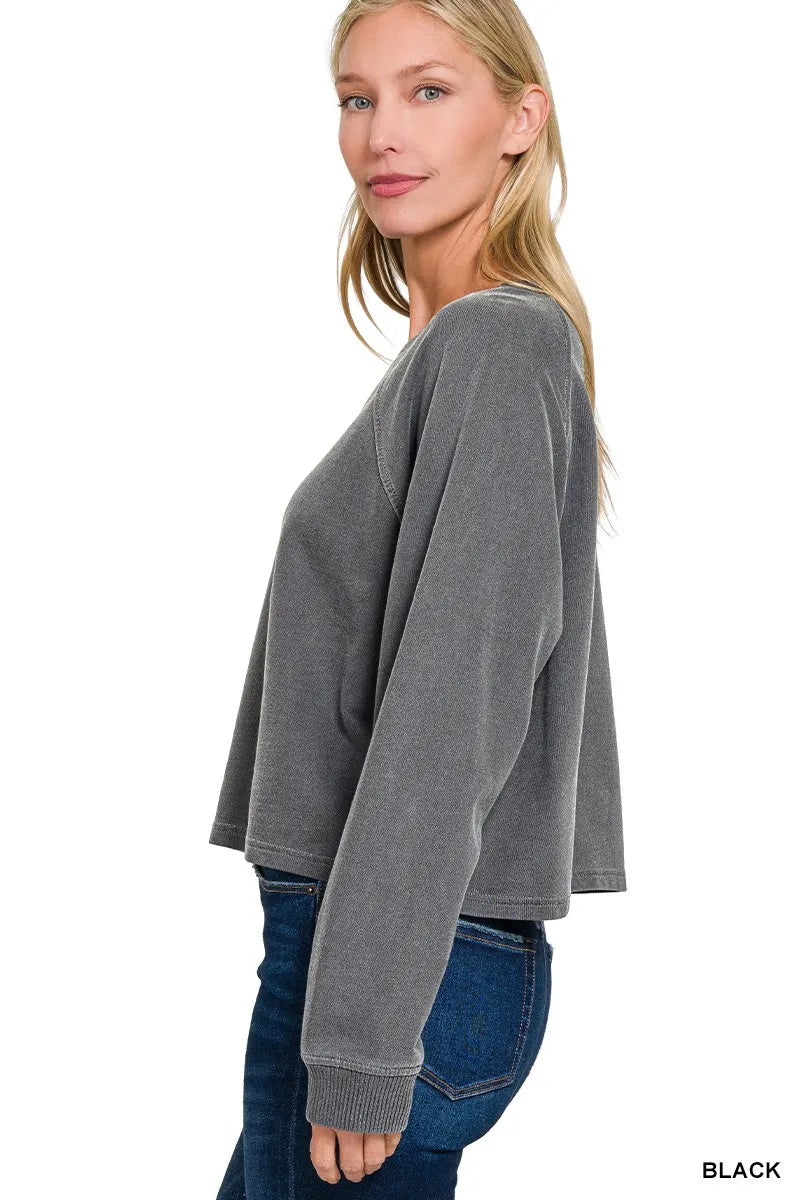 Zenana black washed French terry lounge set featuring a relaxed round neck pullover, wide leg pants, drawstring waist, and side pockets for comfortable everyday style. top side view