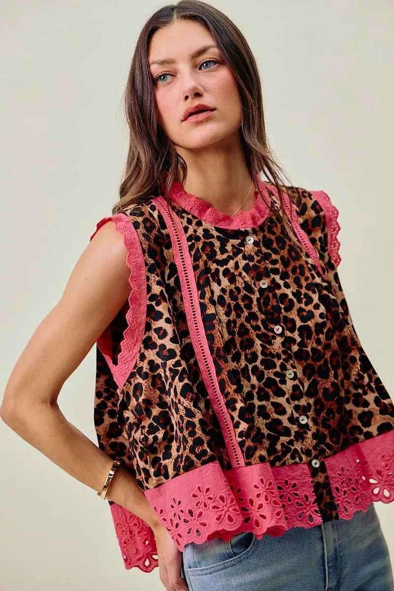 Leopard Button Up Pleated Pink Trim Sleeveless Blouse by So Me