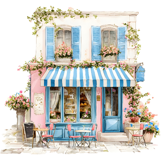Colorful café with pink walls, blue shutters, and a striped awning. DIY paint kit