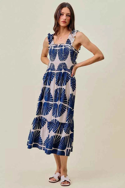 SO ME Abstract Print Smocked Bodice Tiered Lined Midi Dress