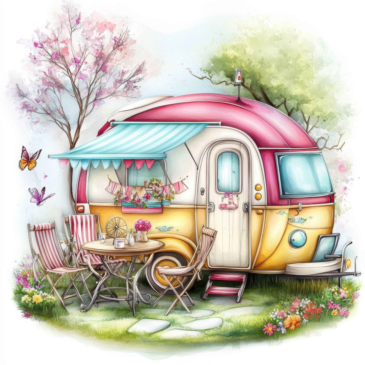 Summer Boho Camper Series Painting Art Kits: 5. Pink Flower Tree Camper