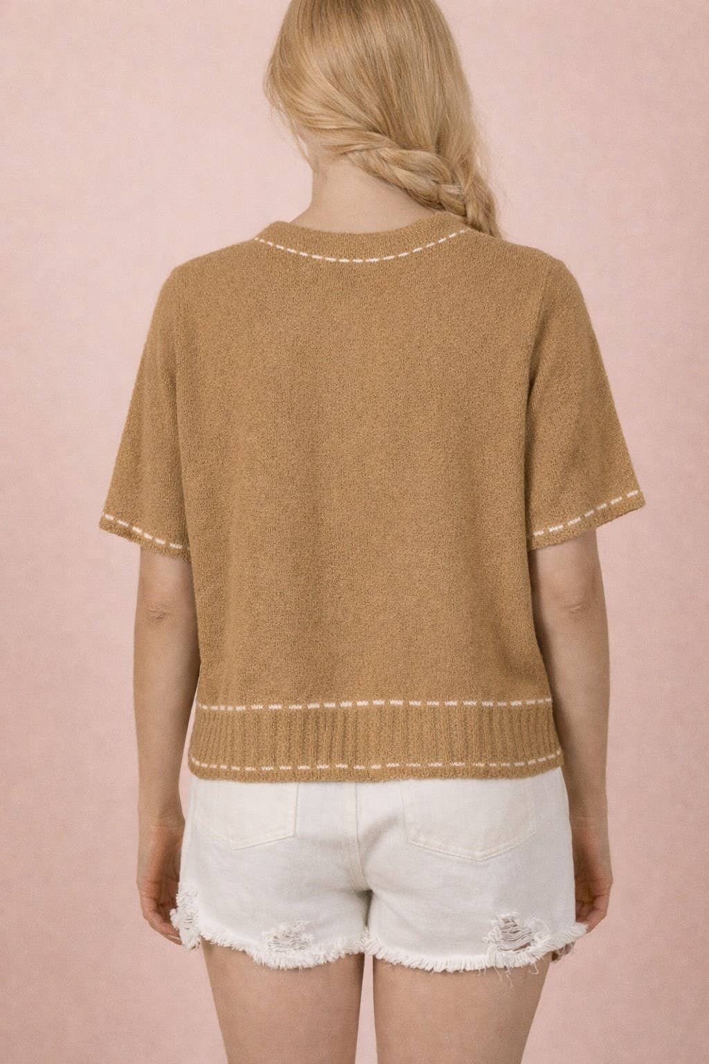 Stitch detail button-down knit cardigan top with short sleeves, front pockets, ribbed hem, and round neckline