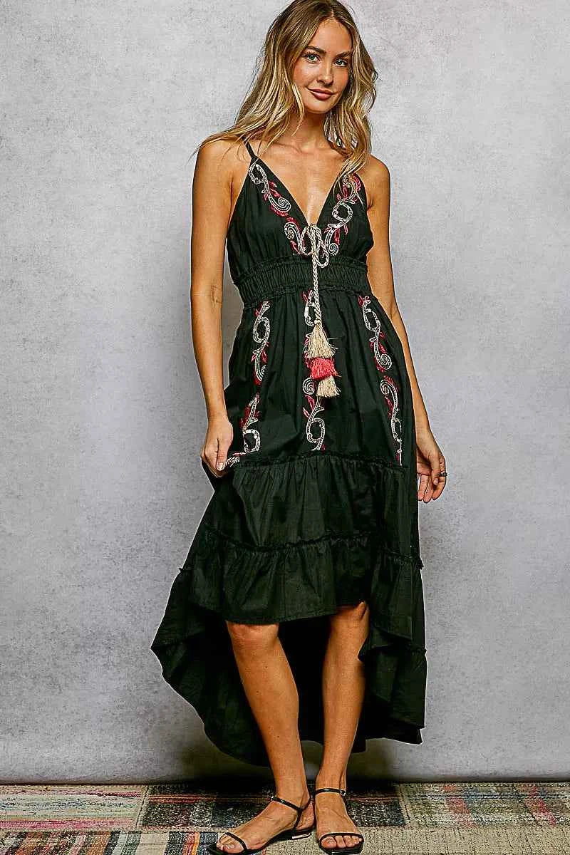 Black Embroidered Detail Tassel Tie Smocked Waist Midi Tiered Cami Dress | POL