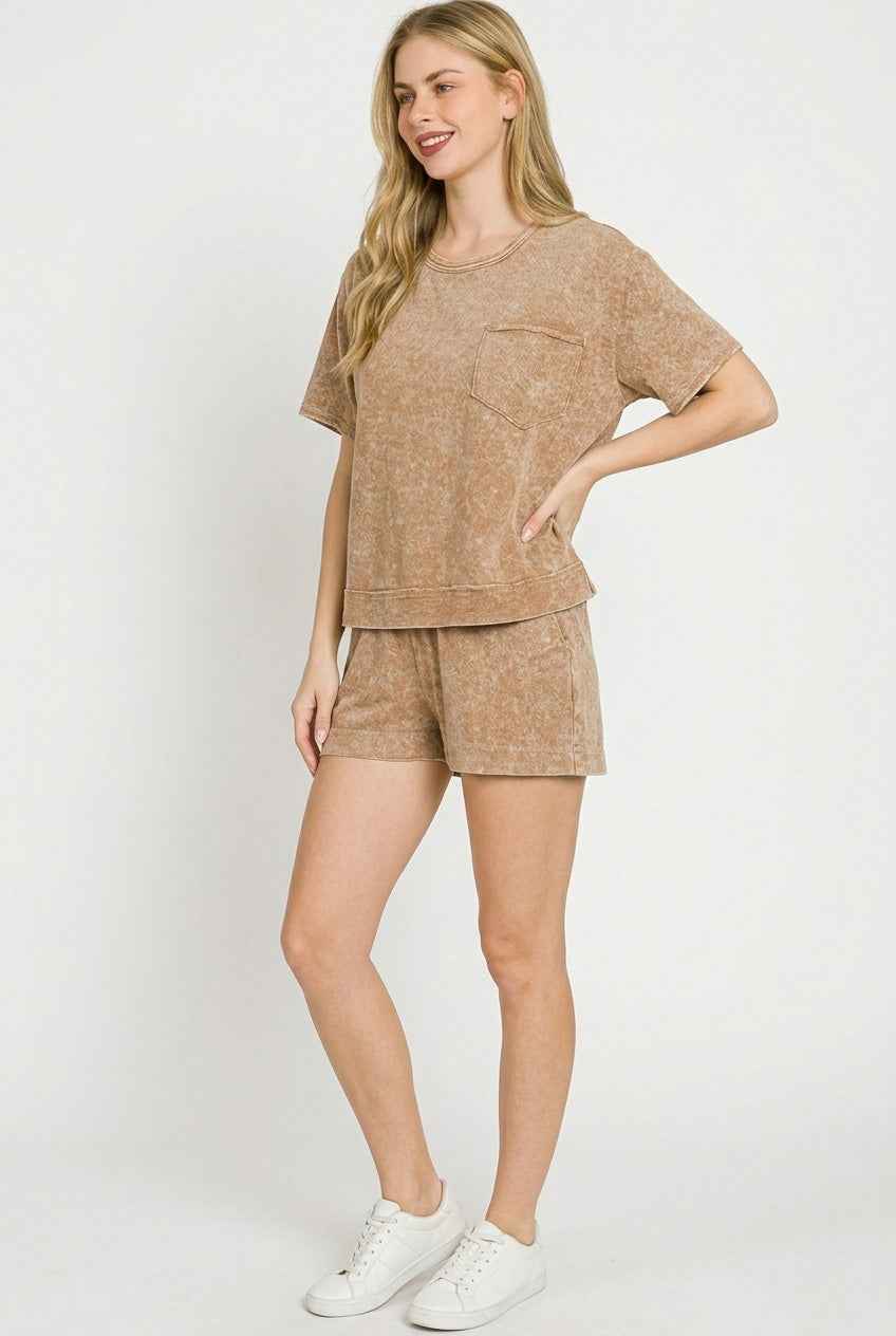 Brown Halo Snow Washed Boxy Top & Shorts Set by Zenana