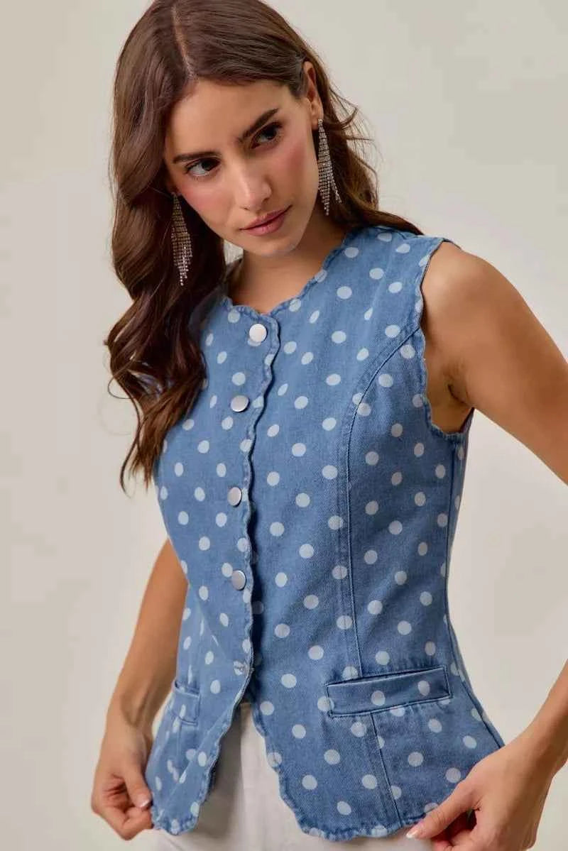 Polka Dot Denim Scallop Edge Button Down Vest Top by So Me