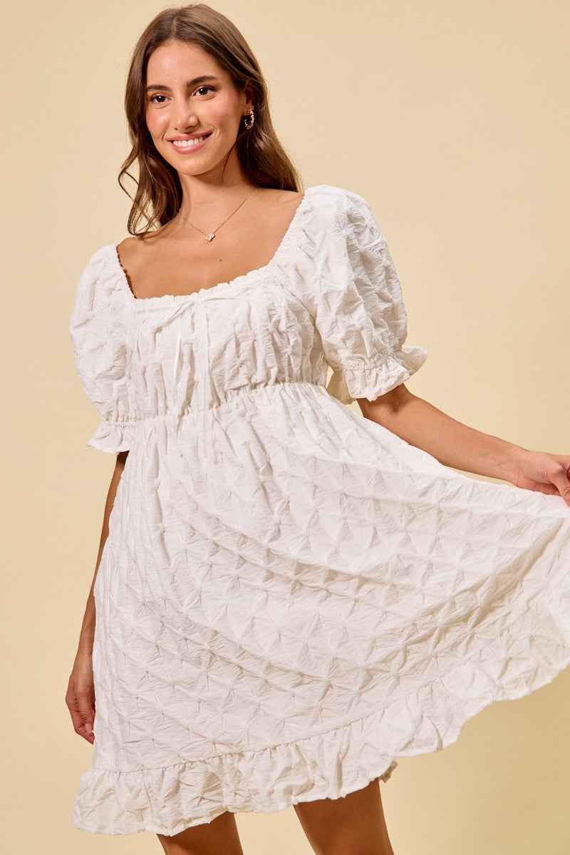 Ivory Texture Woven Ruching On Bust Mini Dress by So Me