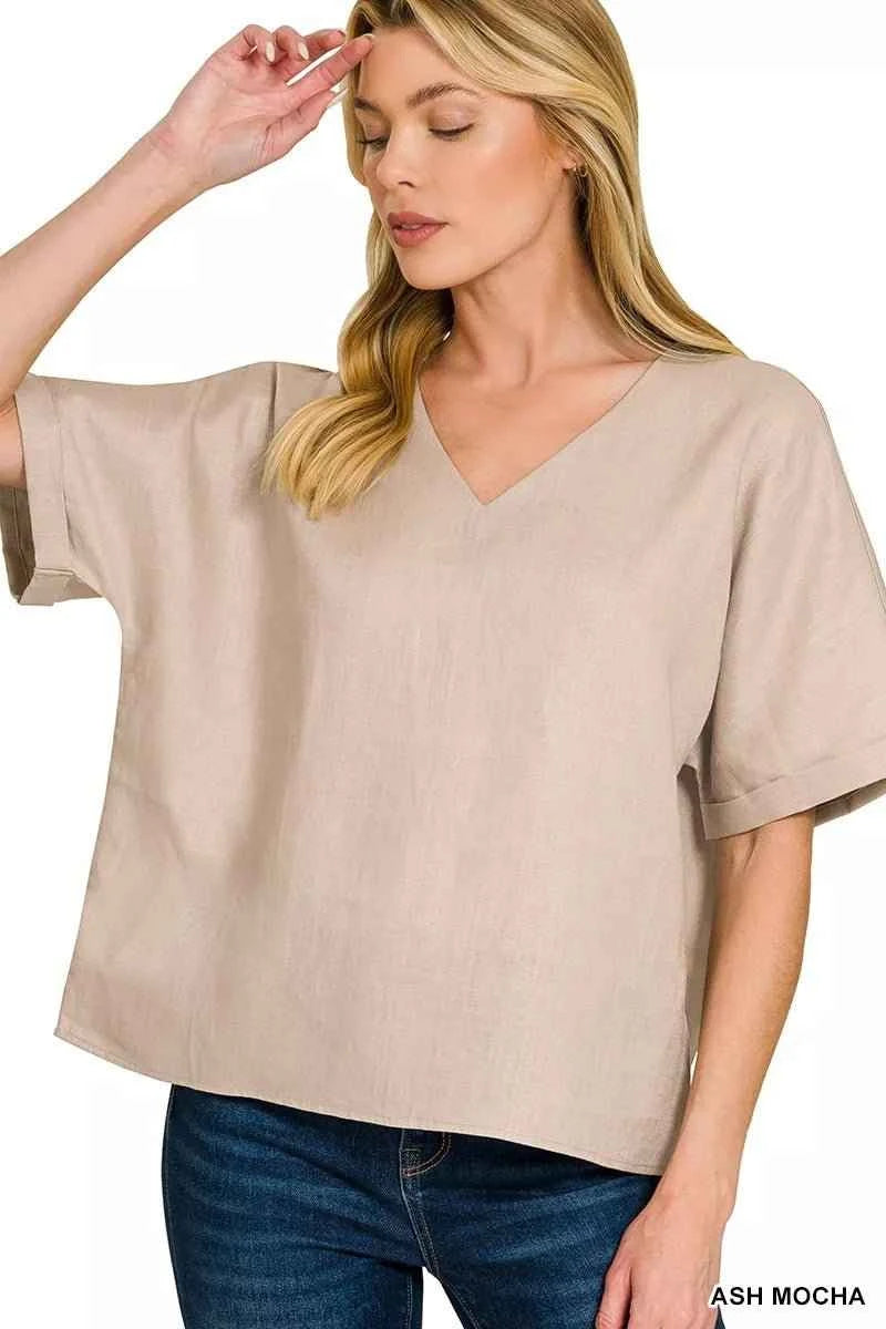 Ash Mocha 100% Linen V-Neck Cuffed Sleeve Top by Zenana