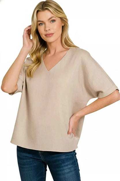 Ash Mocha 100% Linen V-Neck Cuffed Sleeve Top by Zenana