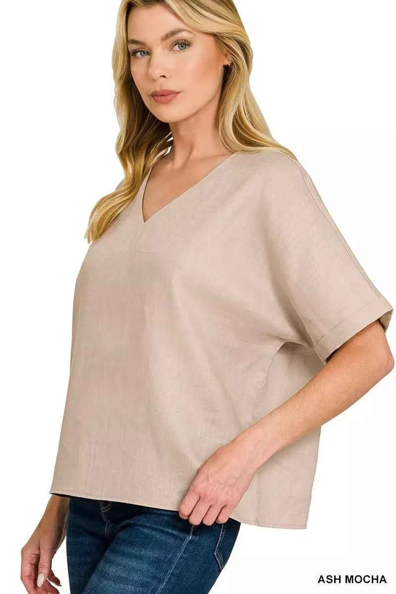 Ash Mocha 100% Linen V-Neck Cuffed Sleeve Top by Zenana