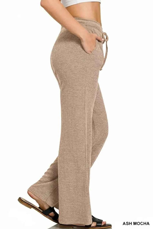 Ash Mocha Ribbed Drawstring Lounge Pants with Pockets by Zenana