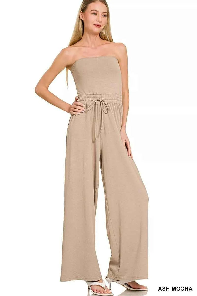 Ash Mocha Tube Top Jumpsuit with Drawstring Waist by Zenana