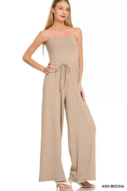 Ash Mocha Tube Top Jumpsuit with Drawstring Waist by Zenana