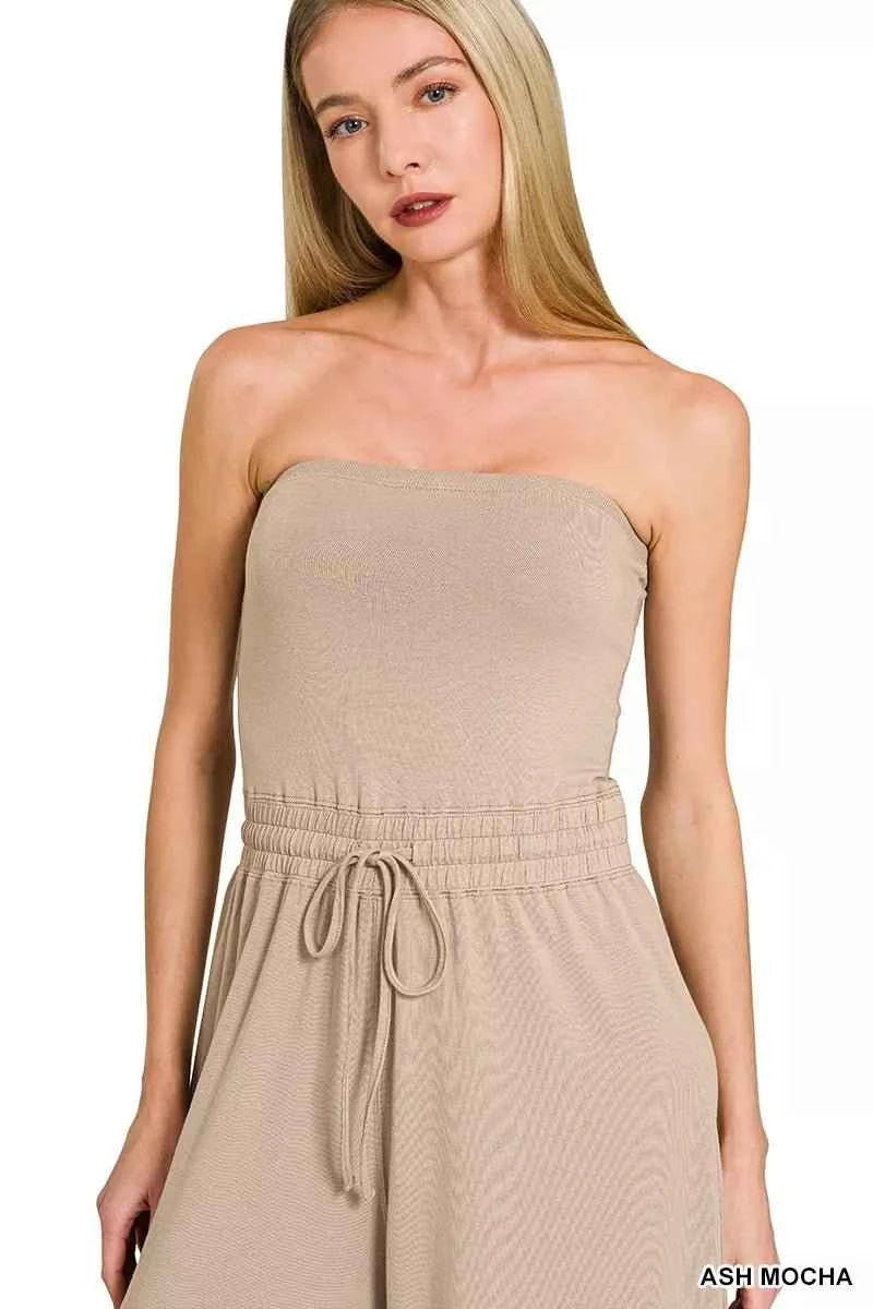 Ash Mocha Tube Top Jumpsuit with Drawstring Waist by Zenana
