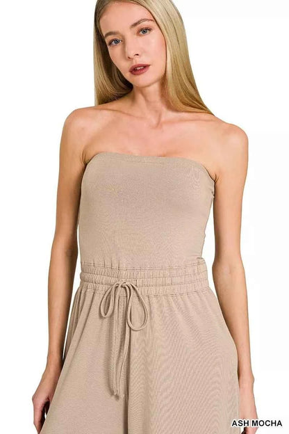 Ash Mocha Tube Top Jumpsuit with Drawstring Waist by Zenana