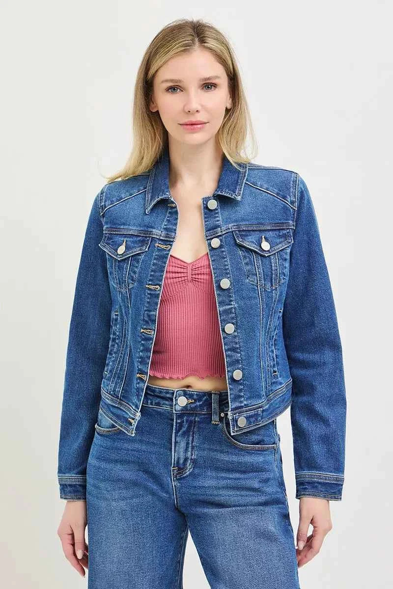 Medium Wash Basic Fitted Button Down Denim Jacket by Risen