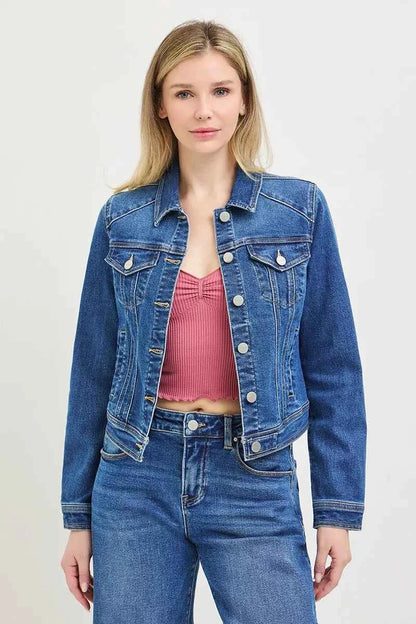 Medium Wash Basic Fitted Button Down Denim Jacket by Risen