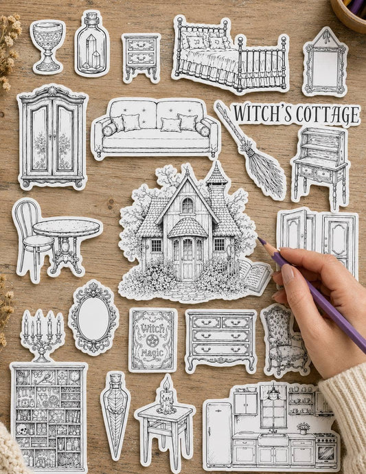 The Paper Garden Witch’s Cottage color-your-own sticker scene kit with illustrated furniture and decor stickers