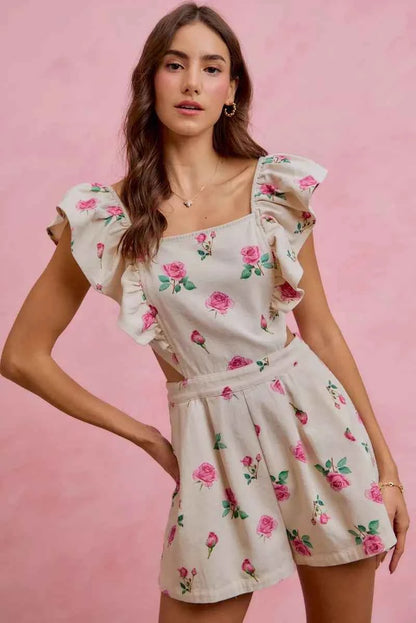 SO ME Floral Print Denim Cut Out Waist Ruffled Romper