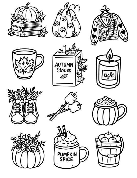 The Paper Garden Hello Fall color-your-own sticker kit featuring pumpkins, books, sweaters, florals and cozy autumn designs