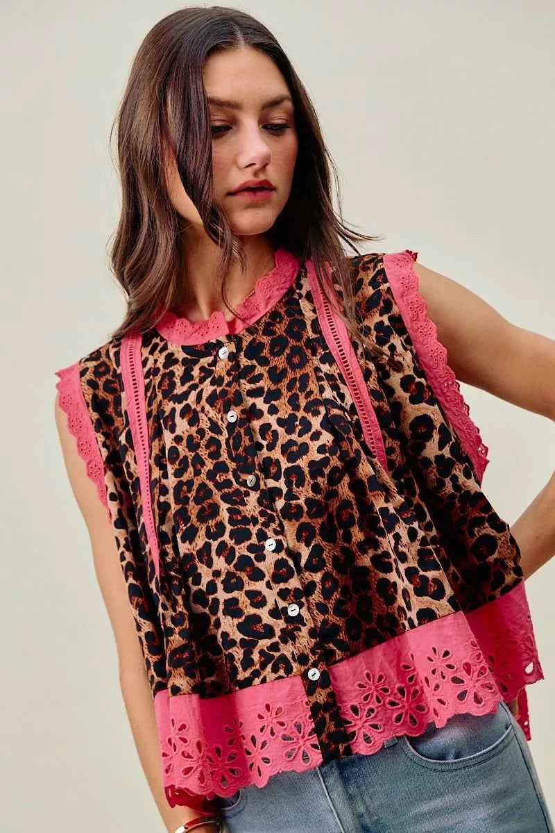 Leopard Button Up Pleated Pink Trim Sleeveless Blouse by So Me