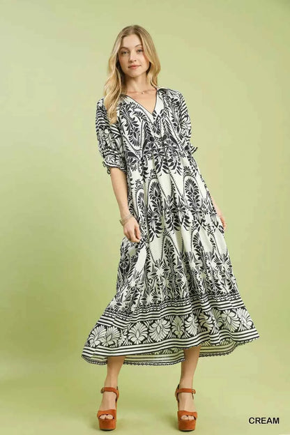 Umgee Two tone Border Print Midi Dress