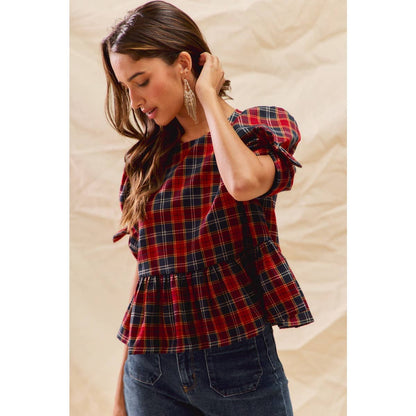 Red/Navy Christmas Holiday Plaid Ribbon Short Sleeve Peplum Top by So Me