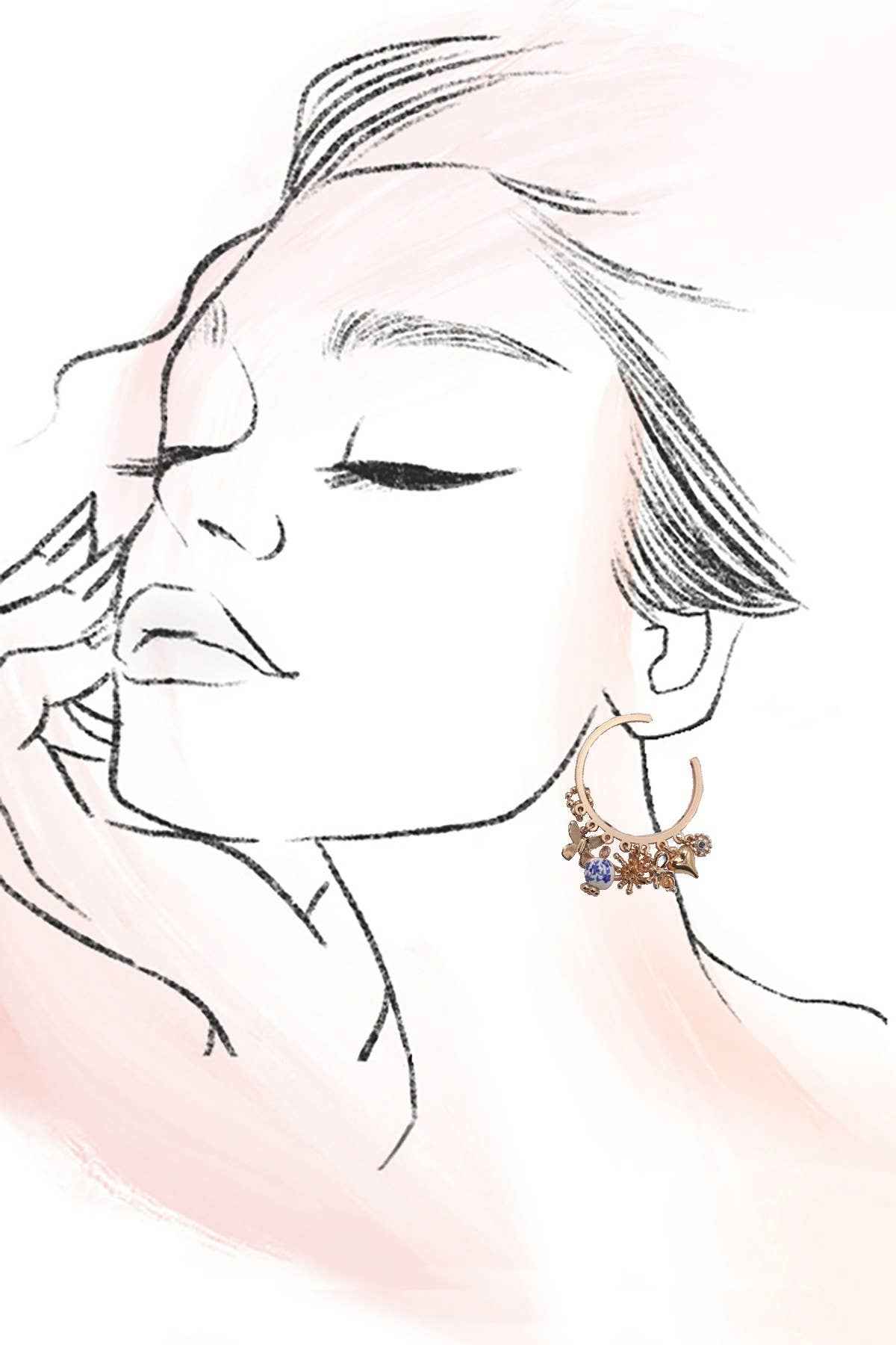 A gold hoop earring with blue porcelain and metal charms shown on a line drawing of a woman's face.