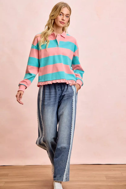 Women's washed denim jeans with lace side panel detailing, relaxed fit silhouette, and vintage-inspired finish by BiBi.