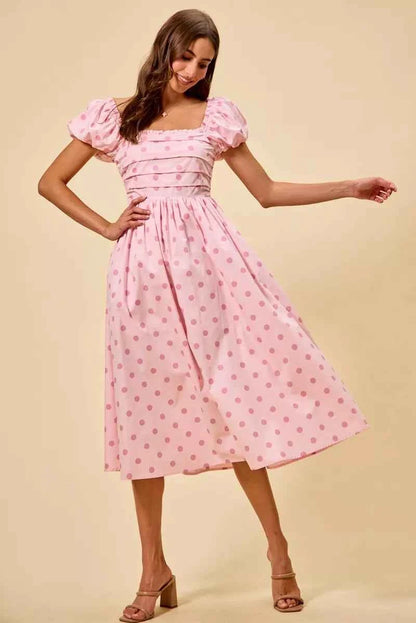 Pink Polka Dot Cotton Midi Dress Short Sleeve w/ Pockets by So Me