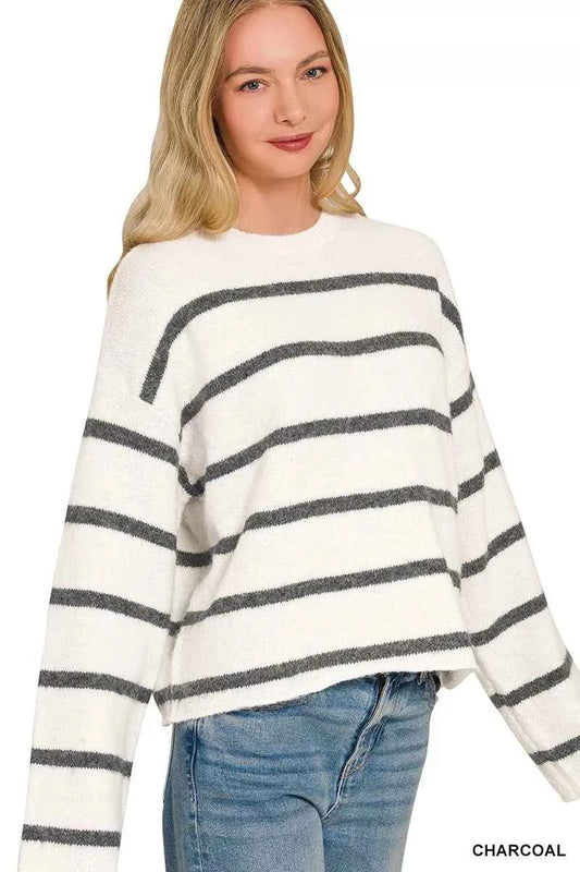 Charcoal Grey Striped Wool Blend Sweater by Zenana