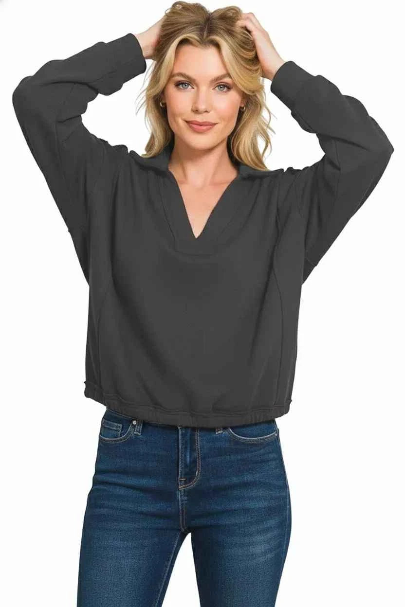 Black French Terry Collared Exposed Seam Sweatshirt by Zenana