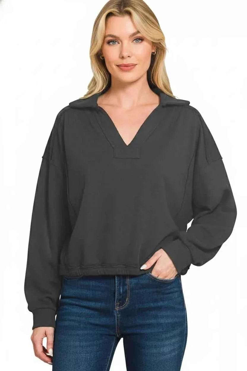 Black French Terry Collared Exposed Seam Sweatshirt by Zenana