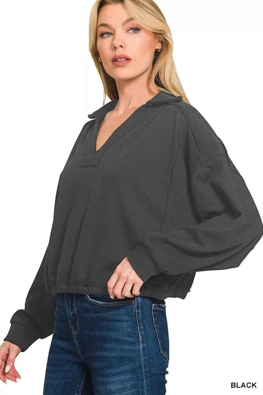 Black French Terry Collared Exposed Seam Sweatshirt by Zenana