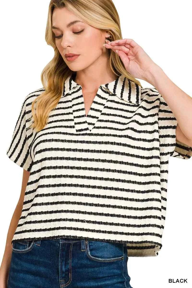 Black Striped Split Neck Collared Top by Zenana