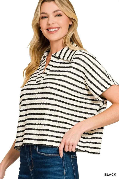 Black Striped Split Neck Collared Top by Zenana