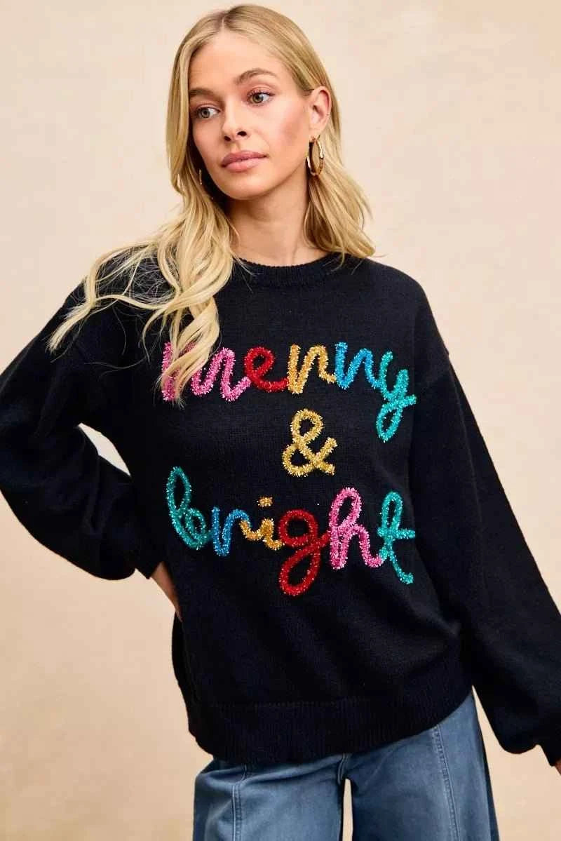 Black Tinsel Lettering Christmas Sweater