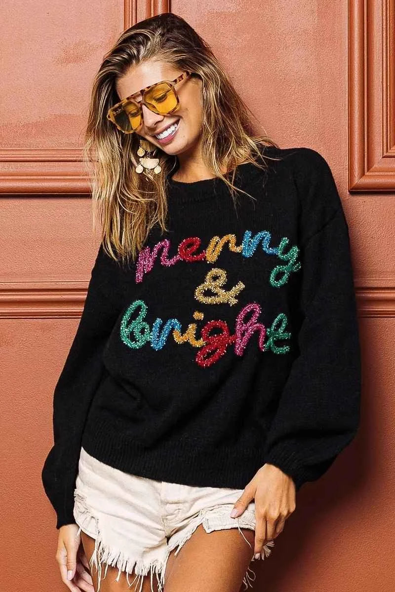 Black Tinsel Lettering Christmas Sweater