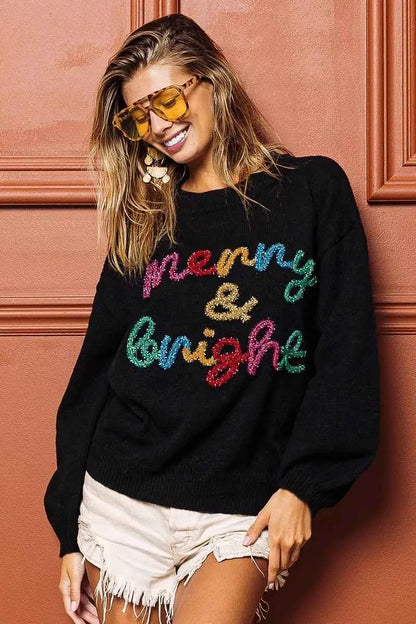 Black Tinsel Lettering Christmas Sweater