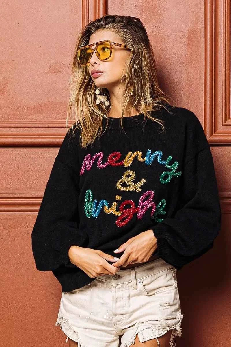 Black Tinsel Lettering Christmas Sweater