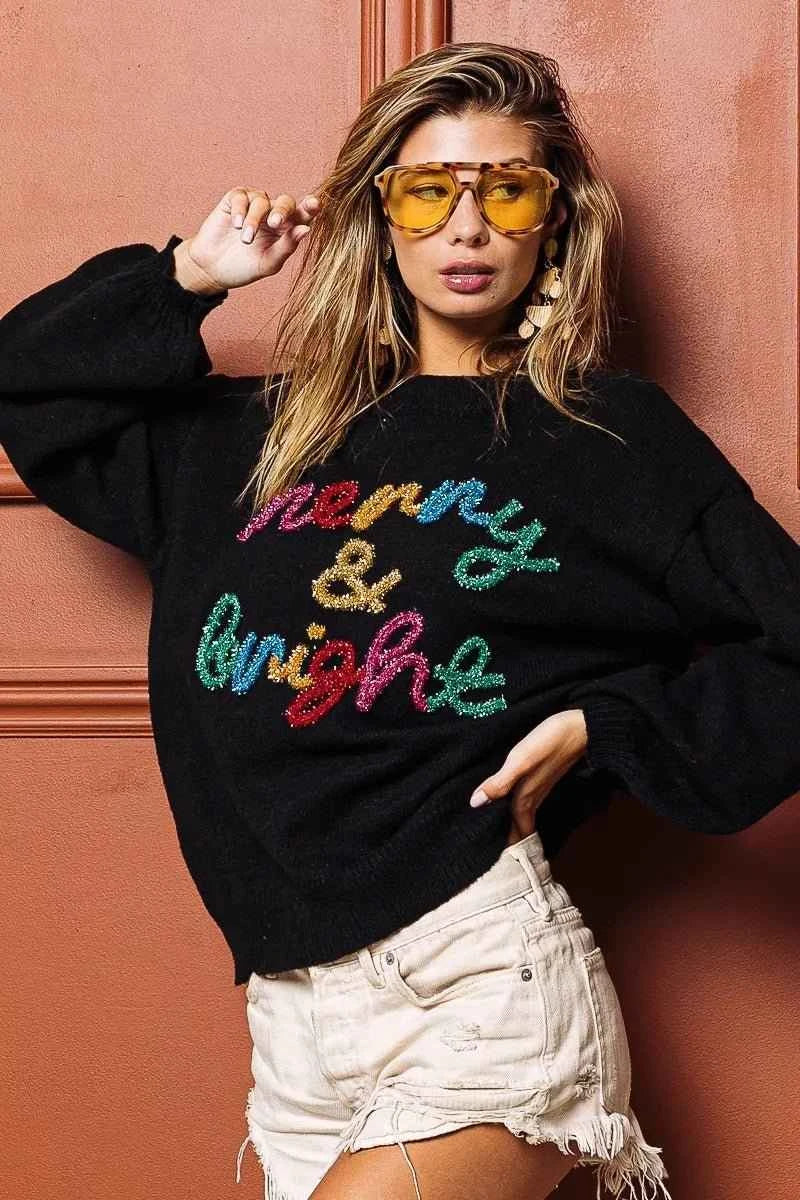 Black Tinsel Lettering Christmas Sweater