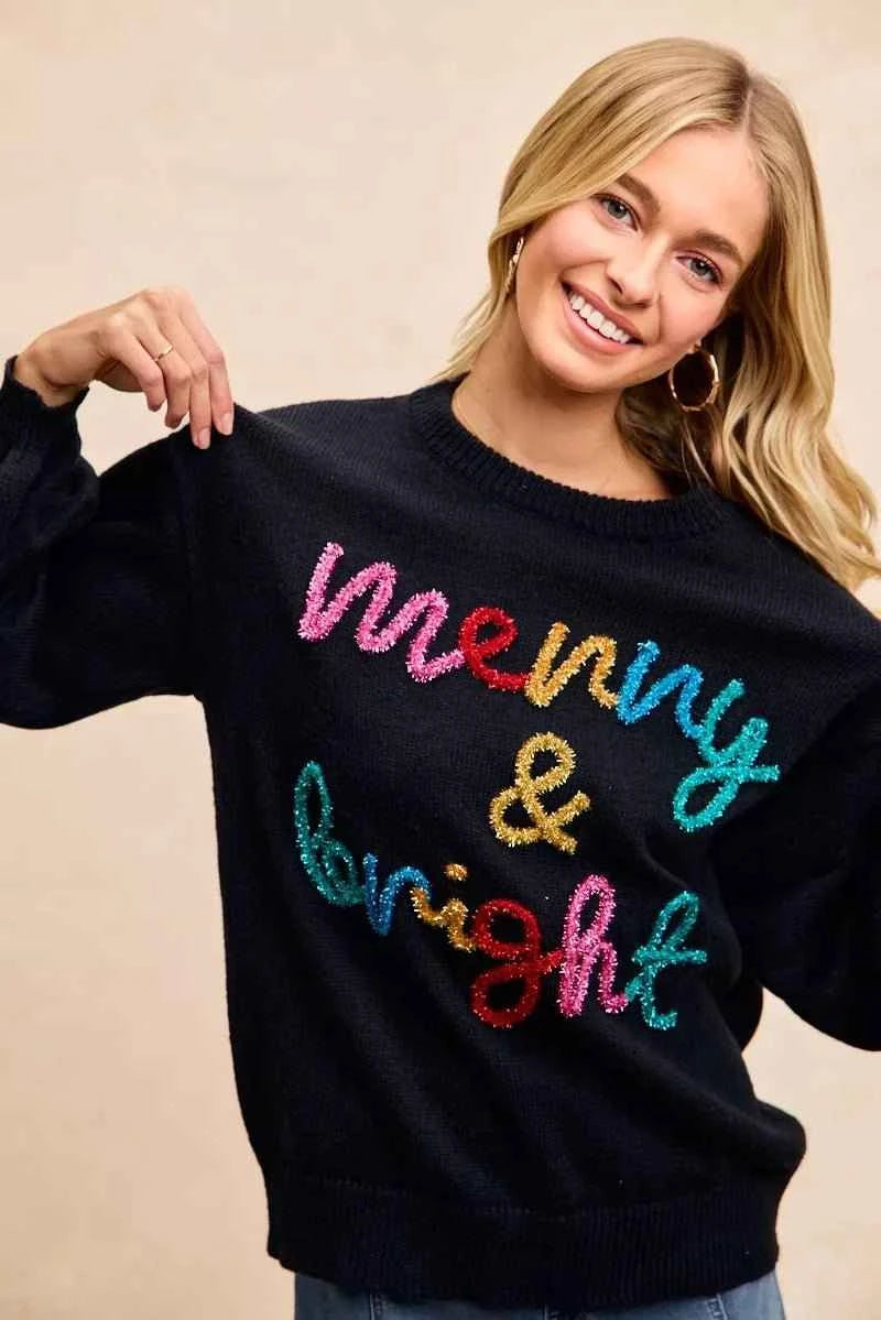 Black Tinsel Lettering Christmas Sweater