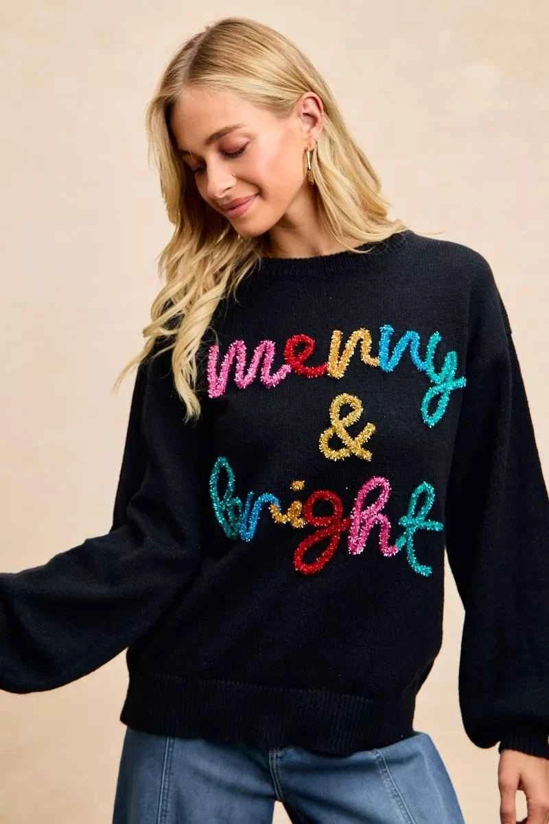 Black Tinsel Lettering Christmas Sweater
