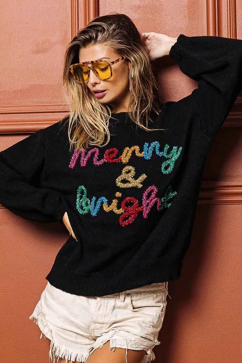Black Tinsel Lettering Christmas Sweater